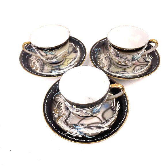 Vintage Japanese Moriage Dragon Demitasse Tea Set – Hand-Painted, 3 Cup & Saucer - Picture 2 of 12